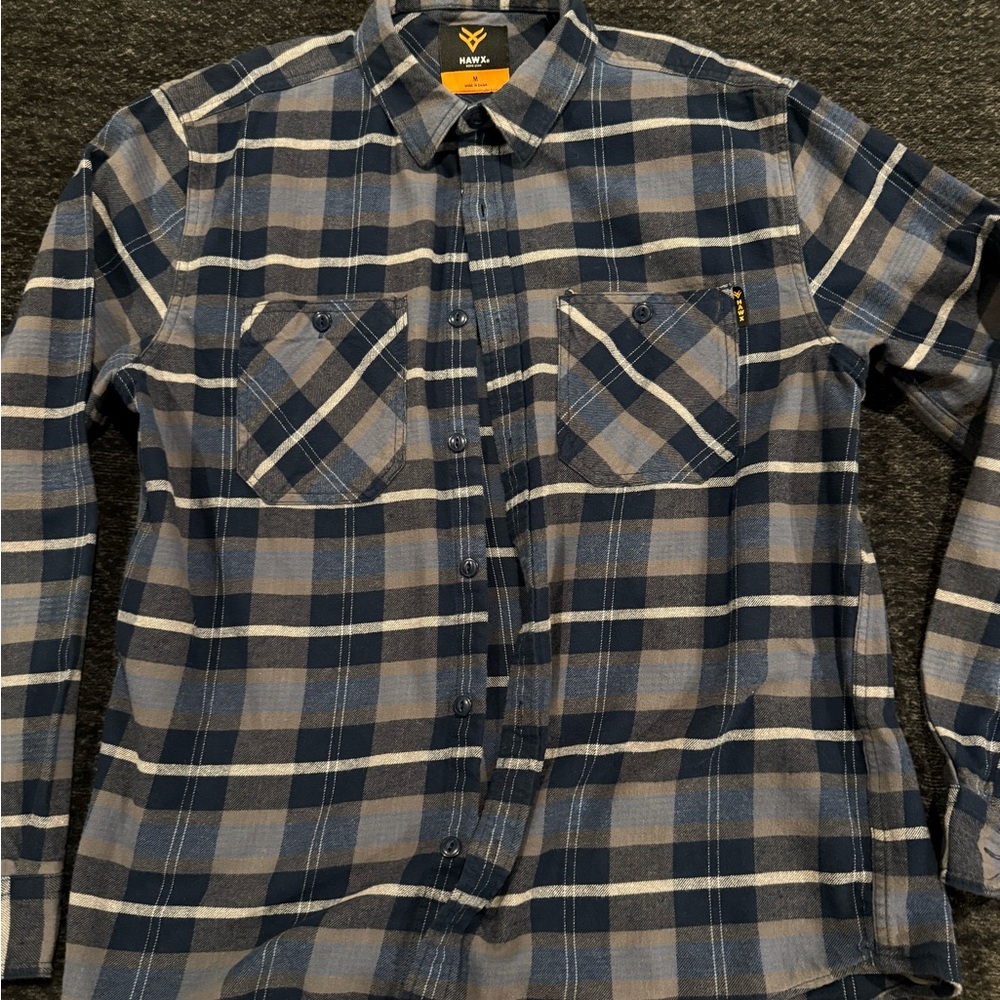 Hawk Work Wear  Navy and Gray Plaid Men's Button Down Flannel